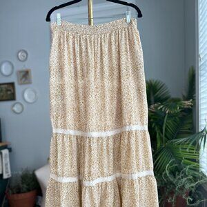 Polagram Floral Tiered Maxi Skirt | Smocked Waist & Lace Trim Sz XL